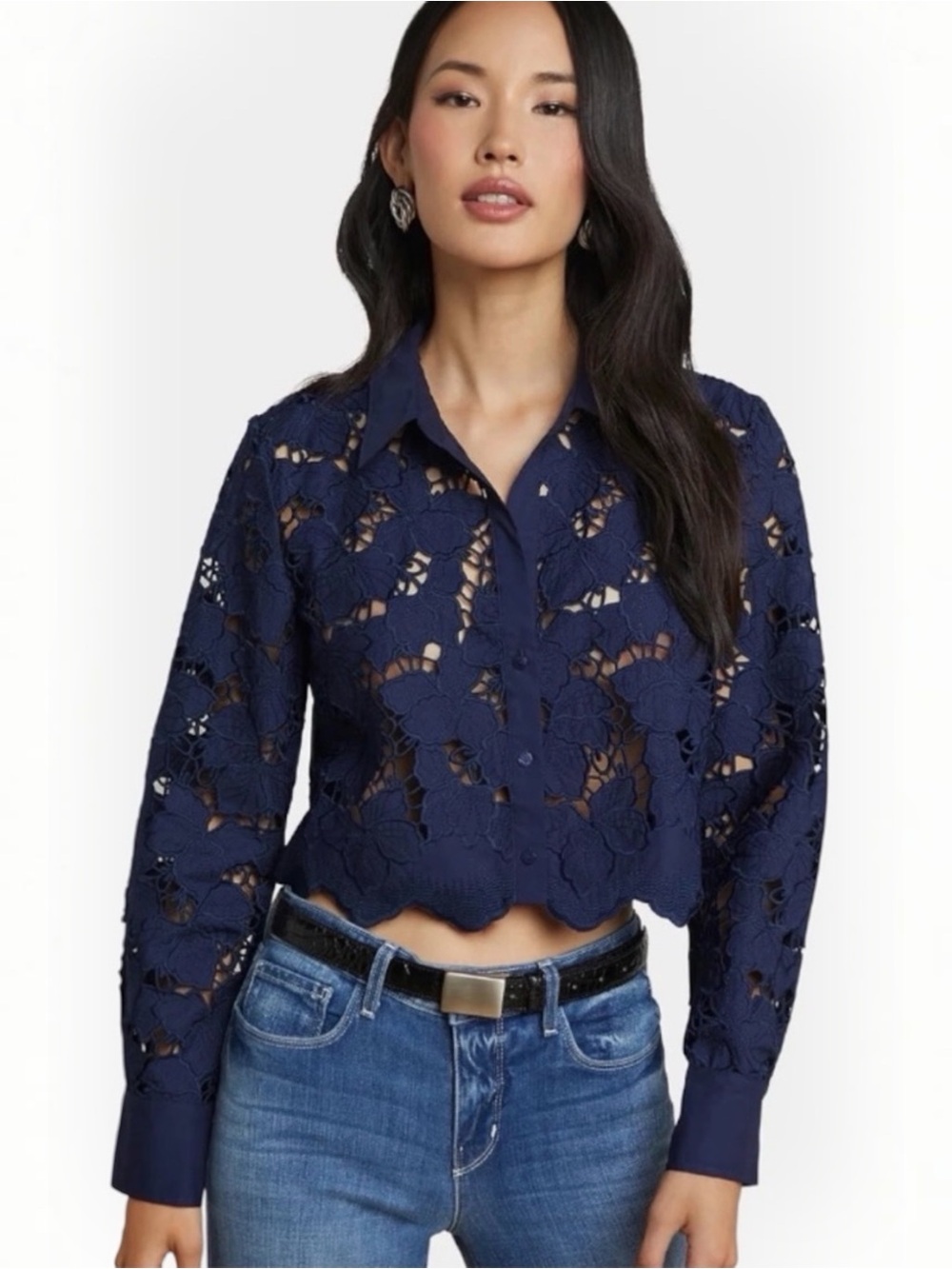 L'AGENCE Seychelle Women’s Blue Lace Long Sleeve Crop Top Button Down Blouse Med